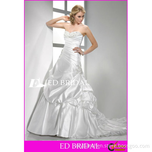 A-Line/Princess Sweetheart Chapel Train Duchess Satin Wedding Gowns With Beaded Bodice Ruched Bodice Crystal Embellishments